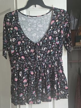 torrid Black Floral V-Neck Peplum Top with Pink & Teal Accents